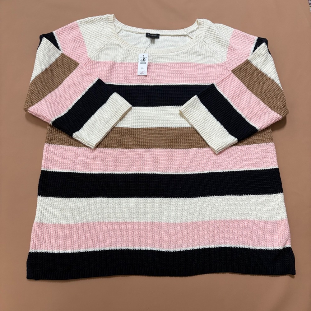 Talbots Womens XL Striped Pima Cotton Shaker Fisherman 3/4 Sleeve Sweater New